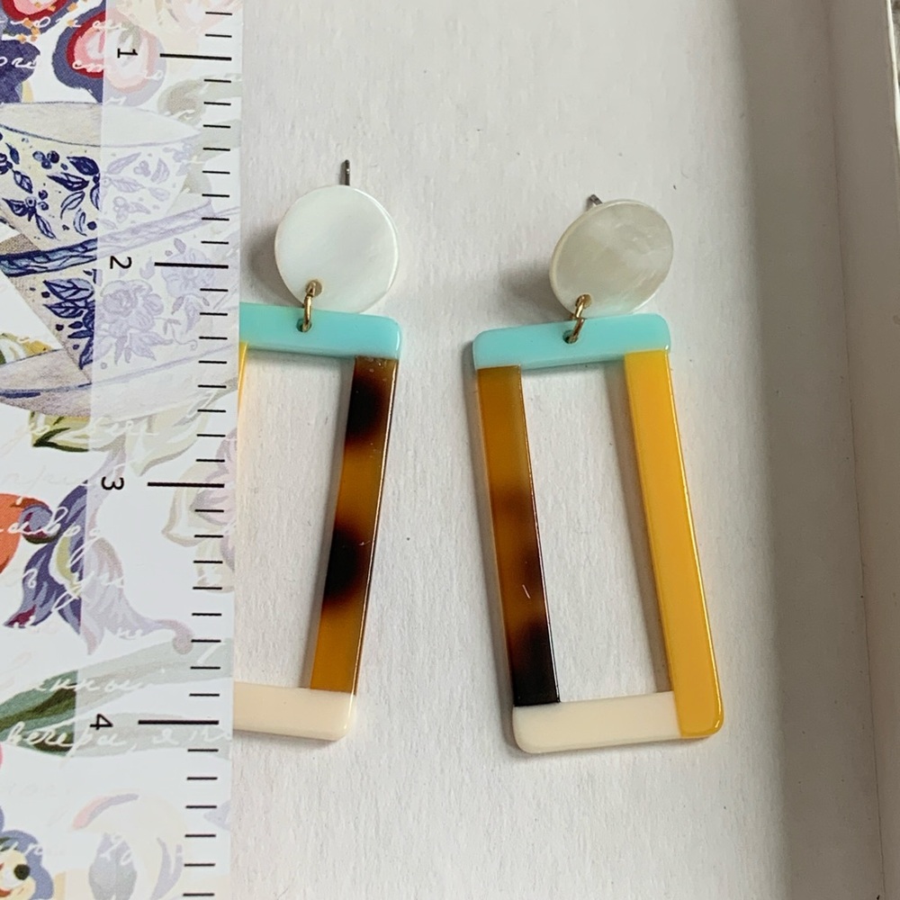 Colorblock Rectangular Drop Earrings - Turquoise, Yellow & Tortoiseshell - Picture 4 of 4